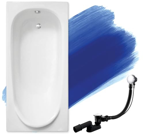 BADLAND Badewanne Original Weiß Acryl Wanne Rechteck MEDIUM 160x75 KOMPLETTSET SET + Füßen und Exklusive Chrom Automatik Ablaufgarnitur Made in EU 3in1