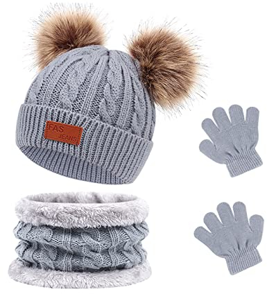 Waylipun 3 in 1 Kinder Wintermütze Schal Handschuhe Set, Strickmütze Babymütze Kinder Mütze Set, Warme Winter Beanie Hut Handschuhe Schal Set für Kinder Jungen Mädchen, 1-5 Jahre ​(Grau)