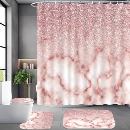ALEXEX Rosa Marmor Duschvorhang-Sets 4 Stück, Glitzer Duschvorhang mit Teppich, Glam Badezimmer Sets mit Konturmatte und Badematte, Marmor Rosa Dekor Badezimmer Vorhang-Sets mit 12 Haken, 183 x 183 cm