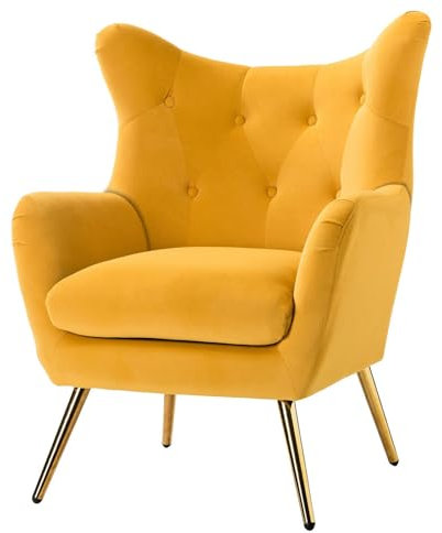 FABRICATION HAUS Sessel, Armsessel, Lehnsessel, bequemer und gepolsterter Loungesessel mit goldenen Metallbeinen, Ohrensessel für das Wohnzimmer, Schlafzimmer, Gelb