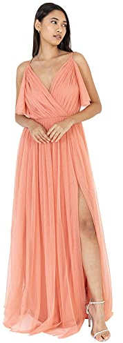 Anaya with Love Women's Ladies Women Long Length Maxi Short Sleeve Cami V Neckline Long Length Empire Waist Bridesmaid Dress, Coral Pink, 14 UK