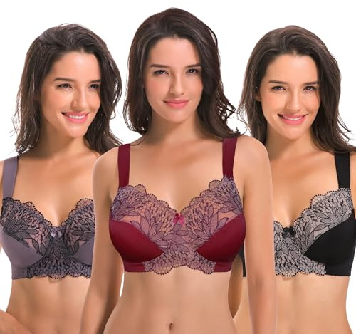 Curve Muse Grande Taille Non doublé Minimiseur Soutiens-Gorge sans Fil avec Dentelle brodée-Paquet de 3-Gris,Bourgogne,Noir-115G/EU 100G