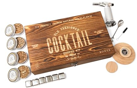 RONYX Cocktail Smoker Kit mit Taschenlampe - 13pcs Cocktail Smoker Set - Old Fashioned Smoker Kit für Männer - 4 Geschmacksrichtungen Holzspäne - Innovatives Cocktail Smoker Set für Getränke, Bourbon