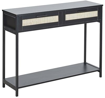 Beliani Table Console avec 2 Tiroirs en Rotin en MDF Noir avec Pieds en Bois d'Hévéa Style Boho Opoco