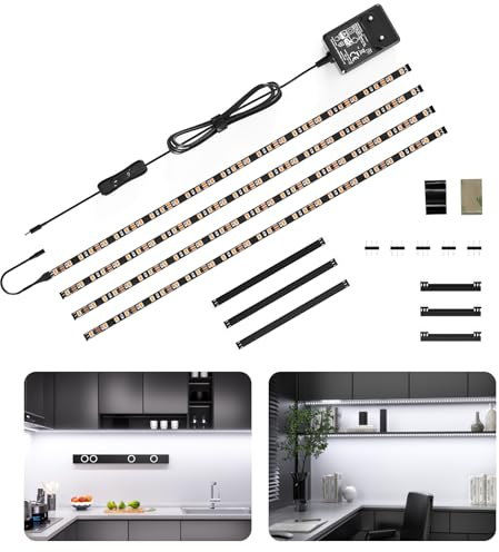 WOBANE Unterbauleuchte Küche LED, 4x50cm Schrankbeleuchtung mit Schalter,12V Küchenbeleuchtung,LED Leiste Küche für Schrank,Regale,Vitrinen,Kleiderschrank,120LEDs,6000K Kaltweiss,Schwarz