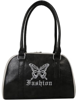 Y2K bestickte Schmetterlings-Umhängetasche, geräumig und modisch, Unterarm-Handtasche, Y2K-Handtasche für Damen, Schwarz