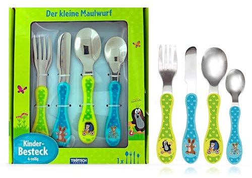 Trötsch Kinderbesteck mit Namensgravur - Der kleine Maulwurf Fahrzeuge - 4-teilig eigener Gravur/Namen auf Besteck (Gravur möglich)
