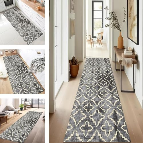 SUCERU Abstrakte Läufer Flur Küche Waschbar rutschfest 110X450CM Vintage Dunkelgrau Lang Küchenteppich Flurteppich Teppich Fur Korridor Wohnzimmer Schlafzimmer Meterware Anpassbar