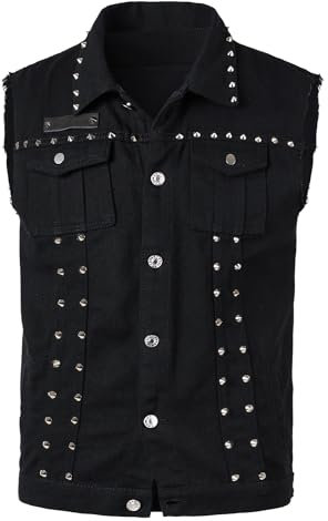 Yukirtiq Herren Jeansweste Zerrissen Ärmellos Jeansjacke Slim Fit Motorradweste mit Niete Denim Weste Sommerweste Jeans für Männer, Schwarz, M