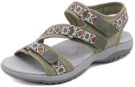 Comfy Sports Sandales Orthopedic pour Femme Plage Chaussures Hook and Loop Straps Trekking Sandales with Arch Support Outdoor Walking Chaussures Floral Green Size 40