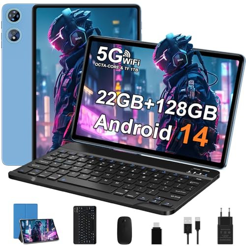 Tablet Android 14 - Octa-Core 2.0GHz|22GB RAM + 128GB ROM(Expandible 1TB )|8000mAh|5G WiFi /Bluetooth 5.0|Cámara Dual|GMS Certificación Widevine L1|5MP+8MP|Tablet 10 Pulgadas con Teclado y Raton, Azul