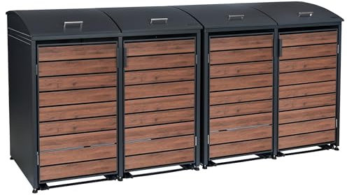Zelsius Mülltonnenbox 4 Tonnen mit abgerundetem Deckel | 120-240 Liter | Walnuss, RAL7016 | Tür in Holzoptik mit Erweiterungsmöglichkeiten | Mülltonnenbox 4er Aufbewahrungsbox für Mülltonnen