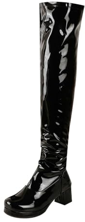 Overknees Stiefel Damen Lack - Hohe Stiefel Mit Blockabsatz Plateau Langschaft Lederstiefel Pu-Leder Kniehohe Stiefel Rundzehe Schlupfstiefel Strentch Lederritterstiefel Reitstiefel
