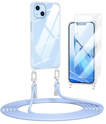 Anshow Verbesserte Handykette für iPhone 13 Mini Hülle mit Band + 1 Schutzfolie, Necklace Stoßfest Handyhülle iPhone 13 Mini Case Transparent Schutzhülle zum Umhängeband Abnehmbar, hellblau