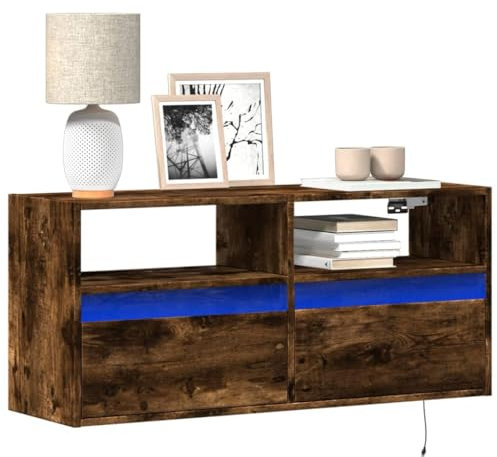 Sufrk Meuble TV mural avec lumières LED chêne, fumée, 100 x 31 x 45 cm, meuble TV mobile, porte-télévision, meuble industriel, table basse vintage, console pour salon