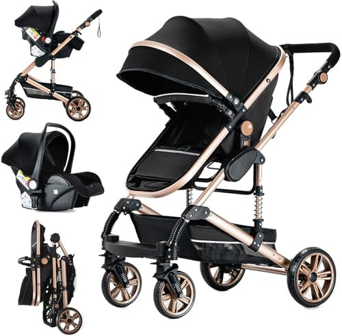 Doraystar Kinderwagen 3 in 1, Kombikinderwagen 3 in 1 mit Zwei Umkehrbaren Schiebemodi, Kinderwagen Set mit Ein-Klick-Faltdesign, Kinderwagen Komplettset Rahmen Aluminiumlegierung (739 Black Gold)