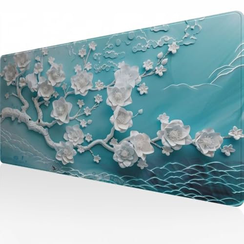 Mauspad XXL Große Gaming Mauspad Weiße Pflaume 600x400x3 mm Laptop Präzision und Design Wasserdicht und mit rutschfeste Unterseite Vernähte Kanten für Büro und Zuhause Schutz Tischunterlage N300