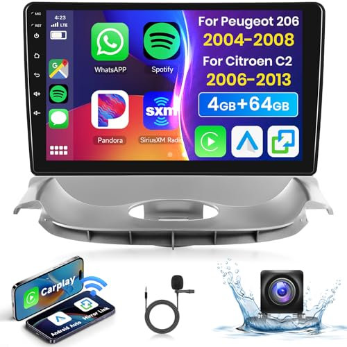 4G 64G Podofo 9 Autoradio pour Peugeot 206 2004-2008/Citroen C2 2006-2013 Carplay Android Auto Bluetooth, WiFi GPS Navi HiFi/RDS/FM DSP,1280 * 720,Radio 2 din avec caméra de recul AHD