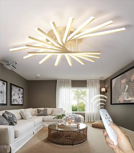 LFLA LED Deckenleuchte Dimmbar Deckenlampe 118W 9-Flammig Modern Groß Wohnzimmerlampe mit Fernbedienung Lichtfarbe Helligkeit Farbwechsel Schlafzimmer Wohnzimmer Led Deckenbeleuchtung 120cm (Gold)