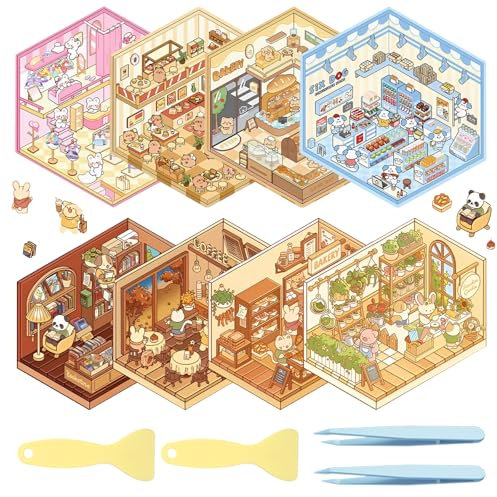 CHENYU 8 Sätze 3d Sticker + 1pcs Tweezer + 2 Spatel 3d Sticker Scene Niedlicher Cartoon Maker Café Bibliothek Bäckerei Bekleidungsgeschäft Fastfood Restaurant Supermarkt