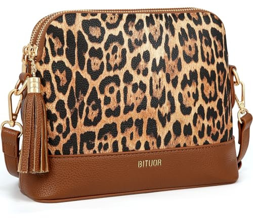 BITUOR Umhängetasche Damen Handtasche leo leoparden tasche mit zwei ReißverschlussFächern Fransenverzierung leopard bag leopardentasche leoprint taschen damen mit Verstellbar Schultergurt
