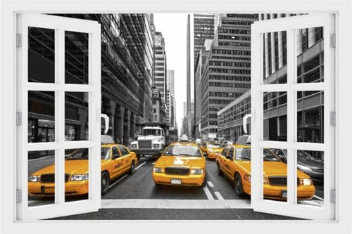 DesFoli Wandtattoo New York Taxi - verschiedene Rahmentypen DW000222 Farbe Fensterrahmen Querformat, Größe 90 cm x 60 cm