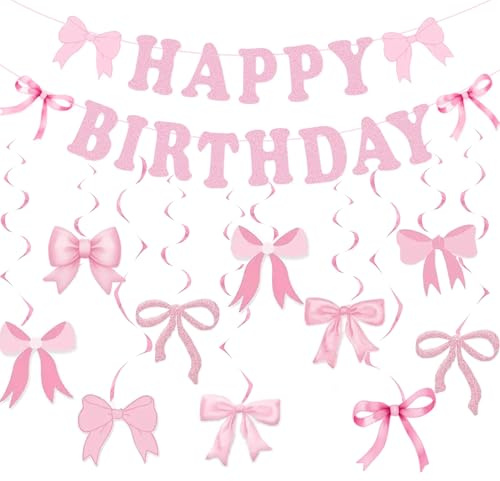 Happy Birthday Girlande mit Geburtstagsdeko Schleife Rosa für Mädchen Frauen Geburtstag Party Deko
