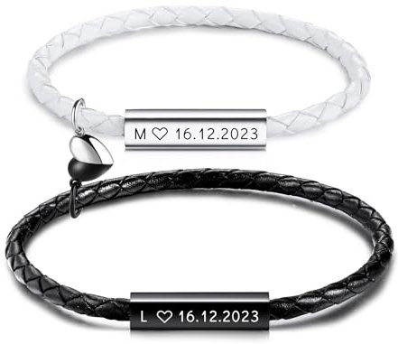 OTXIXTO Personalisiertes Partnerarmbänder mit Gravur Namen Symbole Pärchen Armband mit Paar Herz mit Gegenseitiger Anziehung Lederarmband für Damen Männer Ein Geschenk für Ihre Liebsten - A2