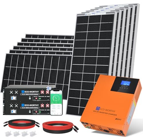 ECO-WORTHY 2400W 48V Solar Panel System Off Grid Solar Power Kit of Home Energy Storage:12pcs 195W Bifacial Solar Panel + 2pcs 48V 100AH Server Rack Battery +1pc 5000W Hybrid Inverter + Brackets