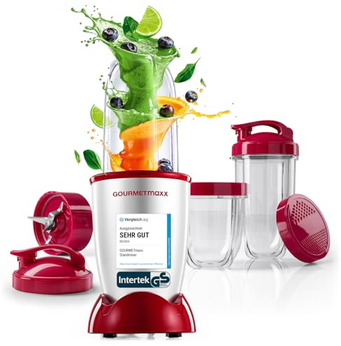 GOURMETmaxx Mr. Magic Power Pro Mixer 400 Watt | Smoothie Maker mit to go Deckel | Standmixer mit Mixbecher & Frischhaltedeckel zum Aufbewahren | Blender mit Zubehörset L für Shakes, Smoothies etc.