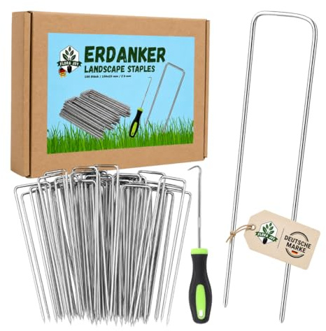 FLORA JOY Erdanker 100 Stück, 150 mm x 25 mm, Ø 3 mm, verzinkt mit Zieher – Bodenanker Heringe Erdnägel, ideal für Gartenvlies, Unkrautvlies, Kunstrasen, Rasenkanten, Schläuche, Zaun und Zelte
