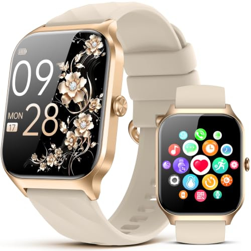 Kriutefy Smart Watch for Women Men - Answer/Make Call, Fitness Tracker Smartwatch for Android iPhone Compatible, Sleep Female Cycle, 120+ Sports Modes Step Counter (Champagne Gold, 2 Straps)