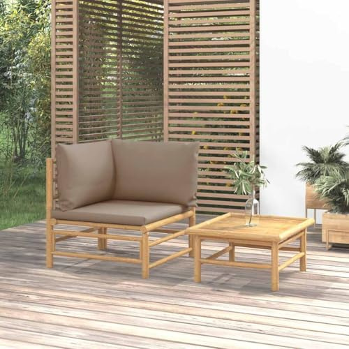 Ziaphsol 2-TLG. Garten-Lounge-Set, Bambus Natur, mit Taupe Kissen, 65x55x30cm Tisch, Ecksofa für Terrasse Balkon, Robustes Outdoor Möbel Set