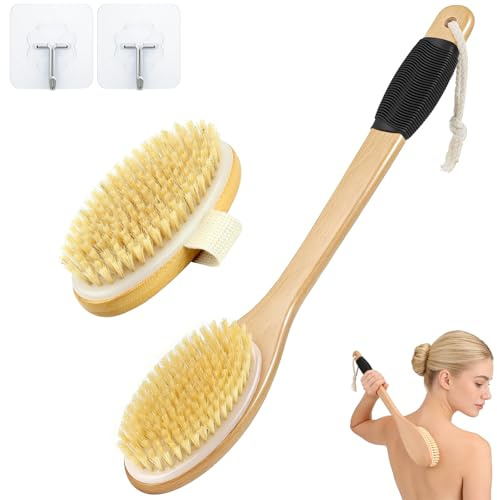 Rückenbürste Trockenbürste mit Langem Stiel 2 Stück Körperbürste Naturborsten Badebürste aus Holz Dry Brush Rutschfest Duschbürste Rücken Waschhilfe Body Scrubber für Peeling Cellulite & Durchblutung