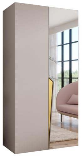 MEBLE KRYSPOL - Kleiderschrank - Garderobenschrank - 100 cm x 202 x 52 cm - Schrank mit Kleiderstange und Spiegel, 2 Türen - für Schlafzimmer, Flur - Piano, Kaschmir, Griff Gold