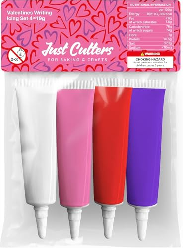 JUST CUTTERS Pack of 4 x 19g Pink, White, Purple, Red Writing Icing Tubes | Ready To Use | Instant Icing Pens for Writing, Drawing & Personalising Cakes, Biscuits & Baking