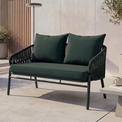 Mendler Aluminium-Gartenbank HWC-P90 Stoff/Textil - grün | Gartensofa, Outdoor, Sitzbank, Seilgeflecht, Rope, (180g/m²)