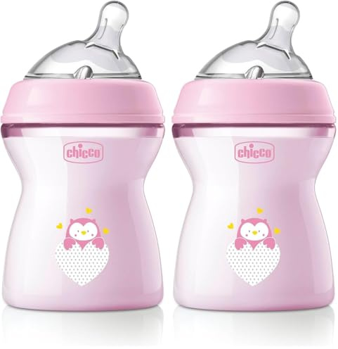 Chicco Natural Feeling Biberon Anti-Colique 2M plus 250ml Biberon avec Tétine en Silicone - Flux Moyen - Couleur Rose (Lot de 2)