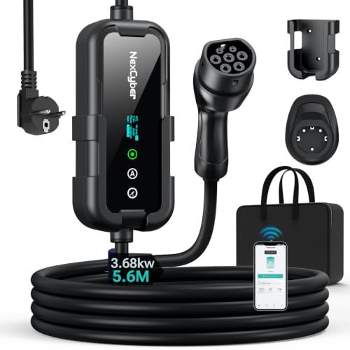 NexCyber Mobile Wallbox 3,68kW mit App & OLED 8-16A einst einphasig 230V, 5,6m CEE 20A 2-polig IP66+FI, Ladegerät Typ 2, Wandmontage & tragbar, EV Charger für Model 3/Y, ID.3, u.a. BEV/PHEV