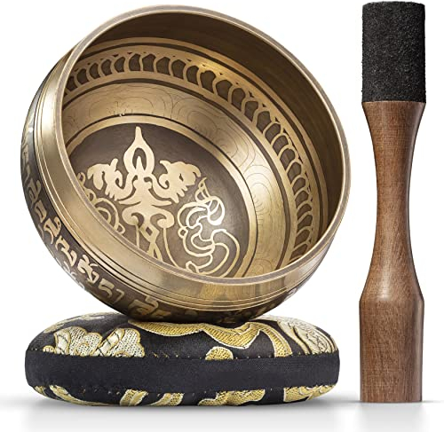 Bol Tibétain – Bol Tibétain Chantant pour la Purification et la Méditation – Silent Mind – Bol Méditation – Inclut un Maillet avec Prise en Main Type Crayon et un Coussin