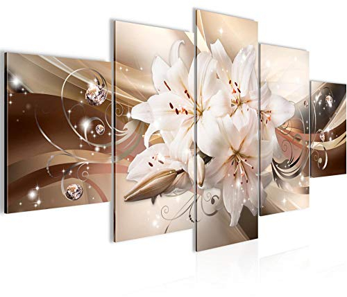 Runa Art Bild Wohnzimmer Schlafzimmer Blumen Lilien 5 Teilig Abstrakt Beige Braun Wandbilder auf Vlies Leinwand 020153a
