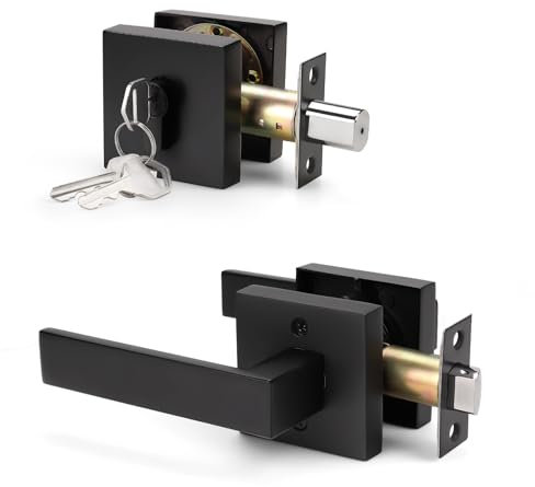 KNOBWELL 6 Pack Square Matte Black Entry Handle AMD Deadbolt Set, Door Handle Set with Double Keyed Deadbolt, Heavy Duty Door Handle Set with Deadbolt and Lever (for Entrance and Front Door)