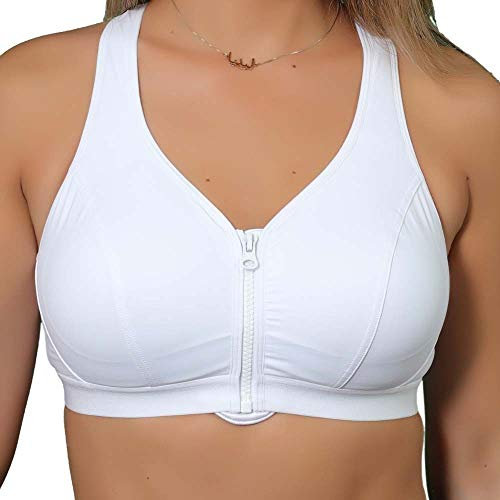 Gemm Ladies Black or White Zip Front Fastening Sports Bra Medium Impact Non Wired Active Gym (44 C, White)