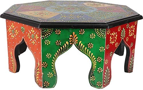 GURU SHOP Bemalter Kleiner Tisch, Minitisch, Blumenbank- Ø 35cm, Mehrfarbig, 16x35x35 cm, Kaffeetische & Bodentische