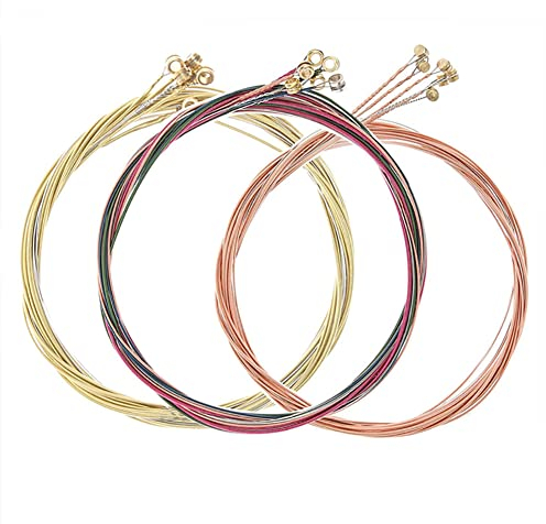 Alnicov 3 juegos completos de 6 cuerdas de repuesto para guitarra acústica con cabezal de cuentas niqueladas para guitarra acústica (1 juego de latón, 1 juego de cobre y 1 juego multicolor)