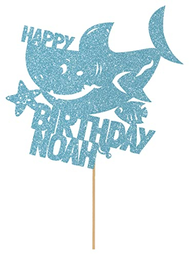 Personalised Birthday Shark Glitter Cake Topper- Light Blue Any Custom Name Glitter Cake Decoration and Sprinkles - Happy Birthday Decorations - Personalised Toppers for Cakes by Cakeshop