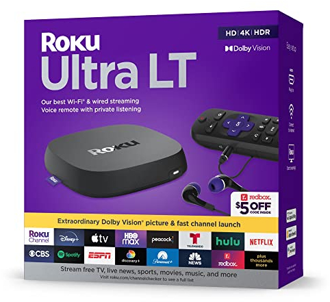 Roku Ultra LT (2023) HD/4K/HDR Dolby Vision Quad-Core Streaming Player with HDMI Cable, Headphones, Voice Remote w/Private Listening, Ethernet