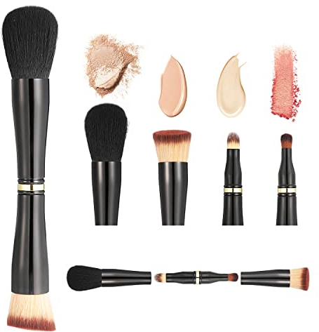Falliny 4-in-1 doppelseitiges Make-up-Pinsel-Set, tragbarer Reise-Foundation-Puder-Pinsel, abnehmbarer Lidschatten-Pinsel zum Verblenden von Flüssigkeit, Rouge oder makellosen Puderkosmetik