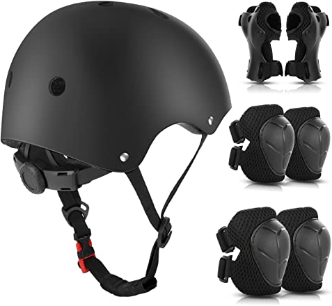 WayEee Knieschoner Kinder mit Helm, Schonerset Kinder 3-10 Jahre, Knieschützer Inliner Kinder Schutzausrüstung für Inliner Skateboard Fahrrad Rollschuh (Schwarz)
