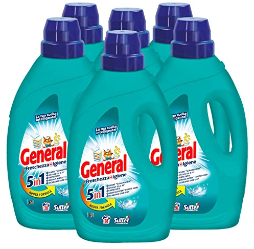 6x detersivo liquido General Freschezza+Igiene 5in1 per Lavatrice 28 Lavaggi - 6 Flaconi da 1,26L ciascuno